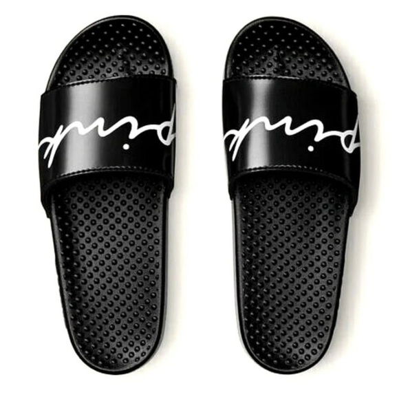 Victoria's Secret Pink Single Strap Slides Sandals Black Script Logo - Picture 1 of 5